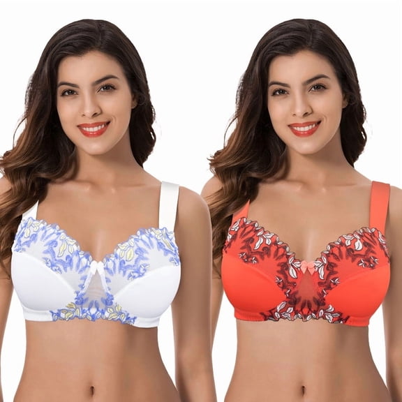 Curve Muse Women's Plus Size Minimizer Wireless Unlined Bra with Embroidery Lace-2Pack-Buttermilk,Cherry Tomato-34C