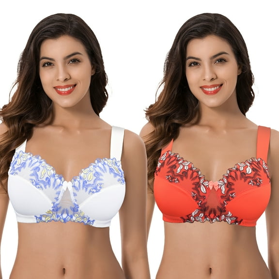 Curve Muse Women's Plus Size Minimizer Wireless Unlined Bra with Embroidery Lace-2Pack-BUTTERMILK,CHERRY TOMATO-34C
