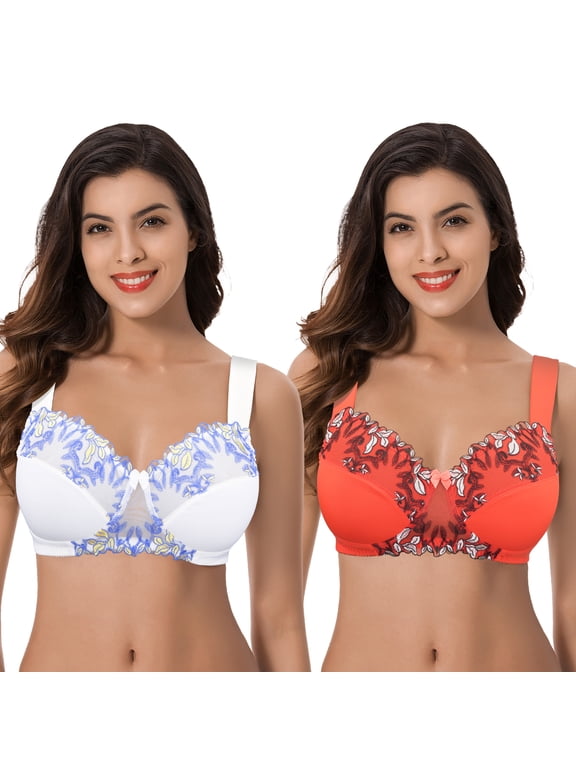 Women's Plus Size Minimizer Wireless Unlined Bra with Embroidery Lace-2Pack-BUTTERMILK,CHERRY TOMATO-34DDDD