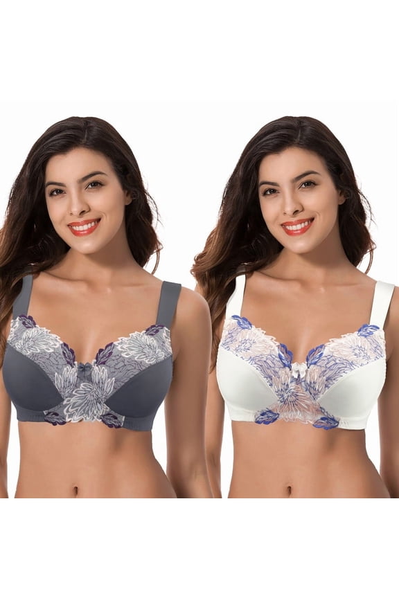 Women's Plus Size Minimizer Wireless Unlined Bra with Embroidery Lace-2Pack-Buttermilk,Gray-48DDDD-V2