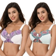 Curve Muse Women's Plus Size Minimizer Wireless Unlined Bra with Embroidery Lace-2Pack-BUTTERMILK,ORCHID TINT-34C