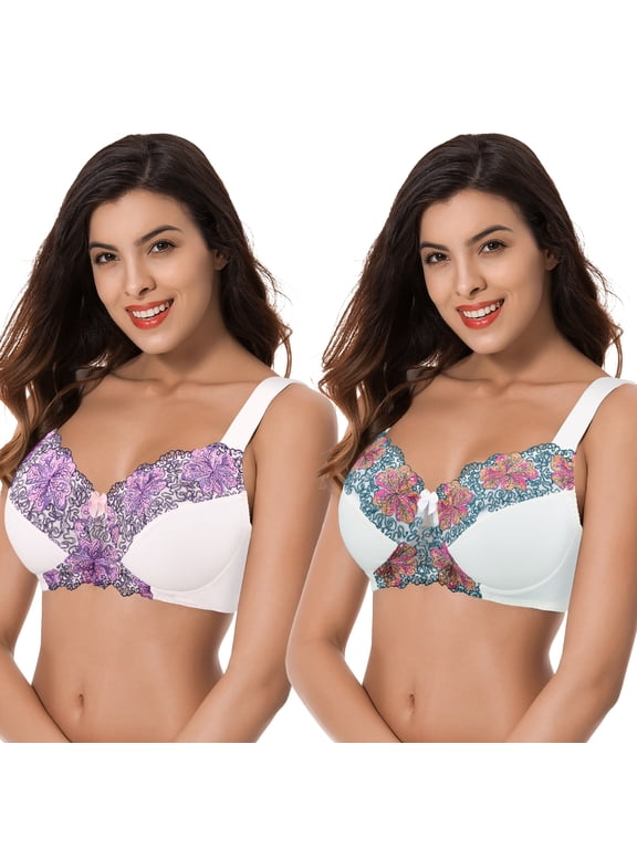 Women's Plus Size Minimizer Wireless Unlined Bra with Embroidery Lace-2Pack-BUTTERMILK,ORCHID TINT-34DDDD