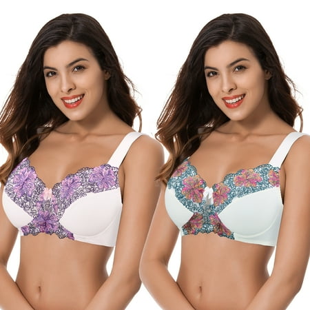 Curve Muse Women's Plus Size Minimizer Wireless Unlined Bra with Embroidery Lace-2Pack-BUTTERMILK,ORCHID TINT-36C