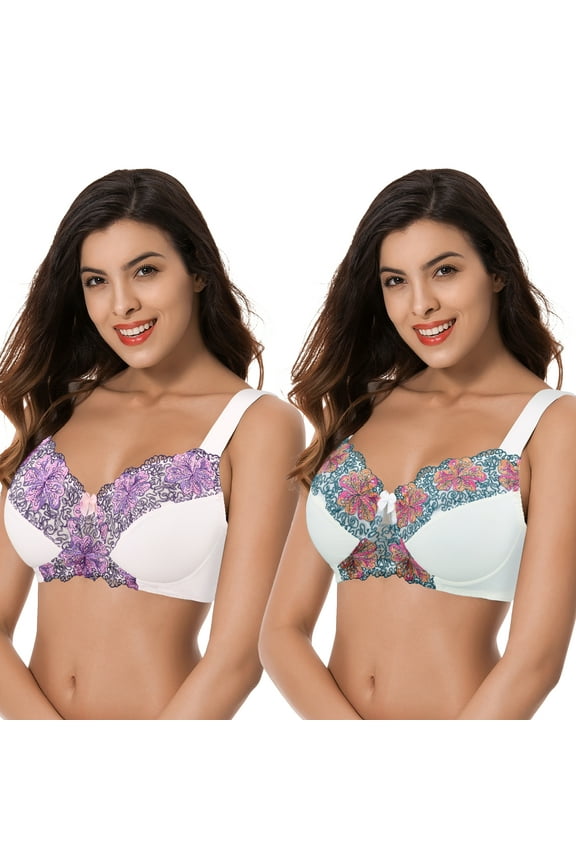 Women's Plus Size Minimizer Wireless Unlined Bra with Embroidery Lace-2Pack-BUTTERMILK,ORCHID TINT-42C