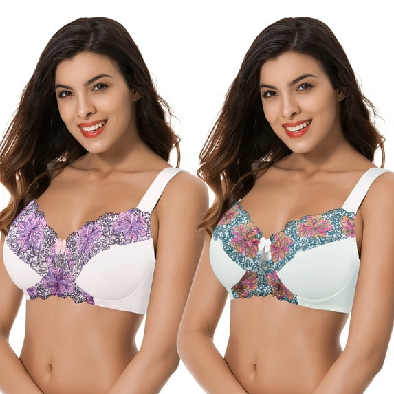Curve Muse Women's Plus Size Minimizer Wireless Unlined Bra with Embroidery Lace-2Pack-BUTTERMILK,ORCHID TINT-46C