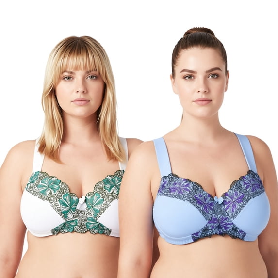Curve Muse Women's Plus Size Minimizer Wireless Unlined Bra with Embroidery Lace-2Pack-BUTTERMILK,SERENITY-34D