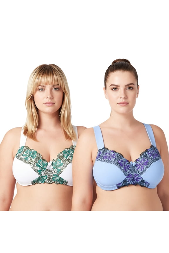 Women's Plus Size Minimizer Wireless Unlined Bra with Embroidery Lace-2Pack-BUTTERMILK,SERENITY-38DDD