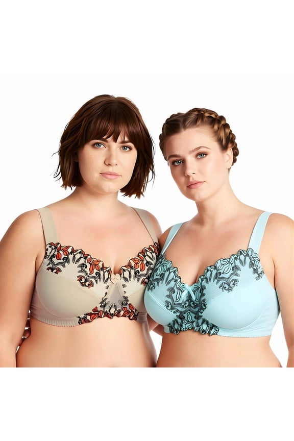 Women's Plus Size Minimizer Wireless Unlined Bra with Embroidery Lace-2Pack-Nude,Blue Light-34DDDD-V2