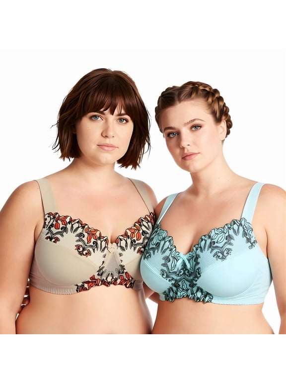 Women's Plus Size Minimizer Wireless Unlined Bra with Embroidery Lace-2Pack-Nude,Blue Light-34DDDD-V2