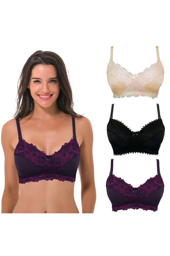 Women's Plus Size Nursing Wirefree Bra With Full Figure Lace-3Pack-BERRY,NUDE,BLACK-34DDDD