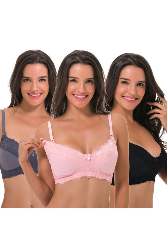 Women's Plus Size Nursing Wirefree Bra With Full Figure Lace-3Pack-BLACK,NUDE,GRAY-44DD
