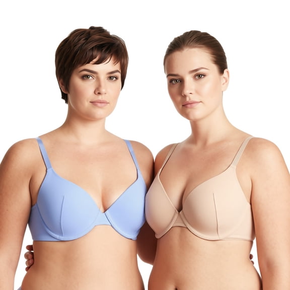 Curve Muse Women's Plus Size Padded Underwire Full Coverage Bra-2PK-Blue,Nude-32B