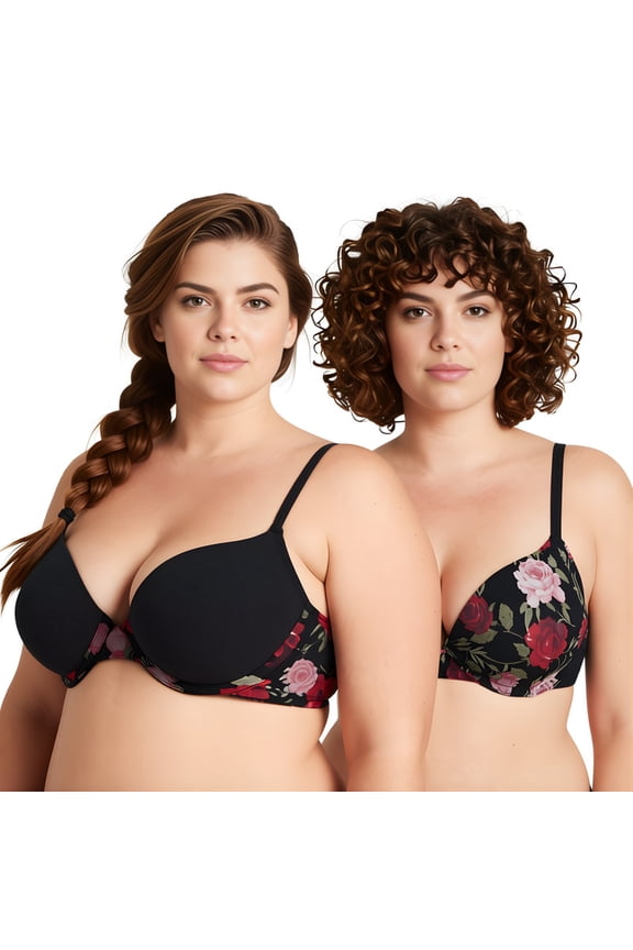 Women's Plus Size Perfect Shape Add 1 Cup Push Up Underwire Bras-2PK-BLACK PRINT,BLACK-44DD