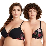 Curve Muse Womens Plus Size Perfect Shape Add 1 Cup Push Up Underwire Bras-2PK-BLACK PRINT,BLACK-44DD