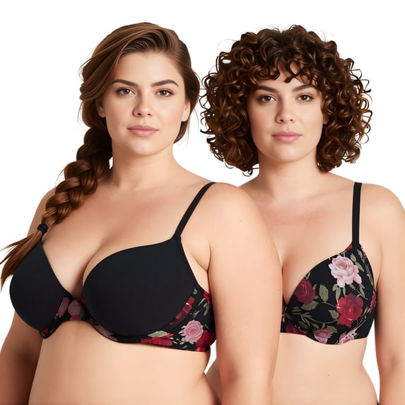 Curve Muse Women's Plus Size Perfect Shape Add 1 Cup Push Up Underwire Bras-2PK-BLACK PRINT,BLACK-44DD