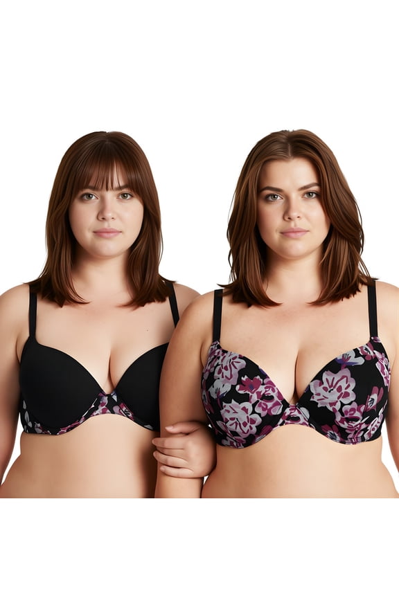 Women's Plus Size Perfect Shape Add 1 Cup Push Up Underwire Bras-2PK-Black Print,Black-38C
