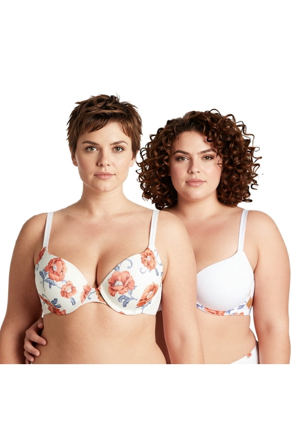 Women's Plus Size Perfect Shape Add 1 Cup Push Up Underwire Bras-2PK-CREAM PRINT,CREAM-32D