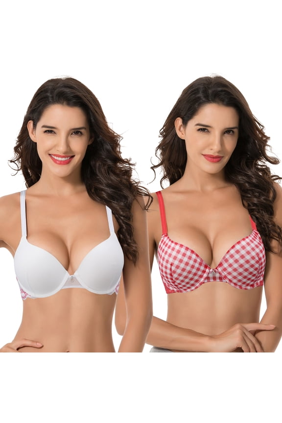 Women's Plus Size Perfect Shape Add 1 Cup Push Up Underwire Bras-2PK-White/Red,White-34C