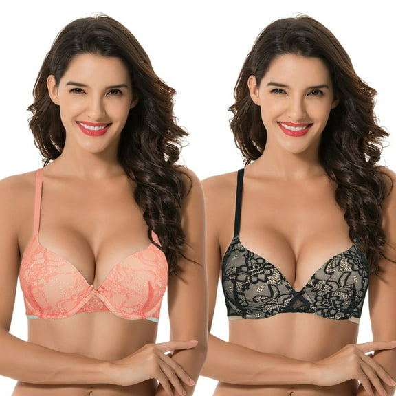 Curve Muse Women's Plus Size Perfect Shape Add 1 Cup Push Up Underwire Lace Bras-2PK-ORANGE,BLACK-32C