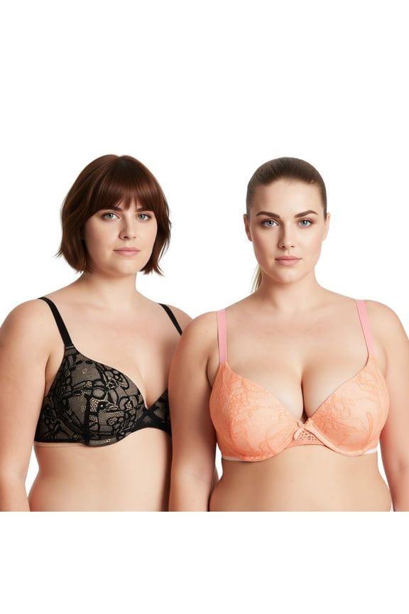 Women's Plus Size Perfect Shape Add 1 Cup Push Up Underwire Lace Bras-2PK-ORANGE,BLACK-32D