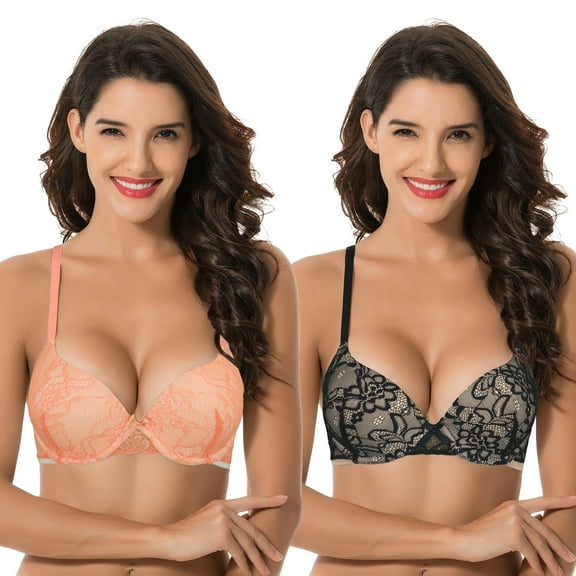 Curve Muse Women's Plus Size Perfect Shape Add 1 Cup Push Up Underwire Lace Bras-2PK-ORANGE,BLACK-42C