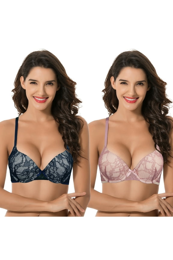 Women's Plus Size Perfect Shape Add 1 Cup Push Up Underwire Lace Bras-2PK-RED,DARK BLUE-34C