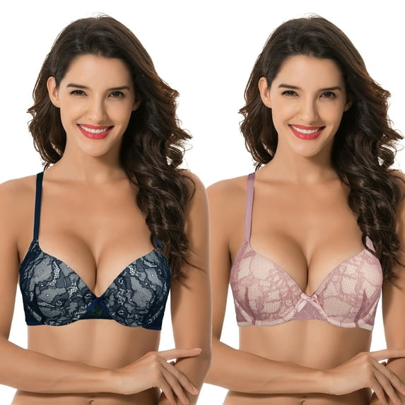Curve Muse Women's Plus Size Perfect Shape Add 1 Cup Push Up Underwire Lace Bras-2PK-RED,DARK BLUE-46D