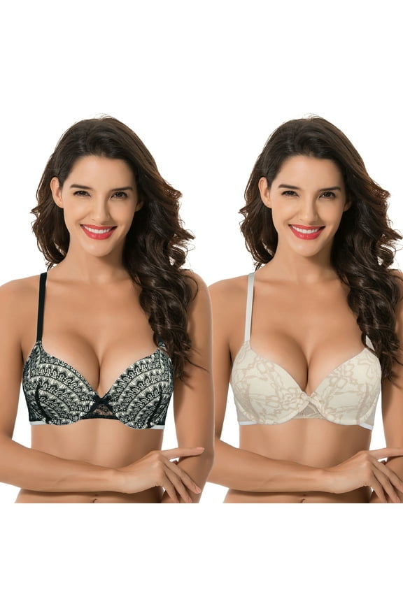 Women's Plus Size Perfect Shape Add 1 Cup Push Up Underwire Lace Bras-2Pk-Black,Nude-40D