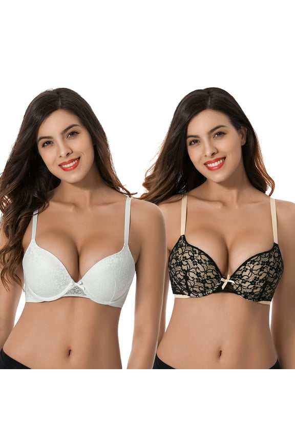 Women's Plus Size Perfect Shape Add 1 Cup Push Up Underwire Lace Bras-2Pk-Black,White-32D