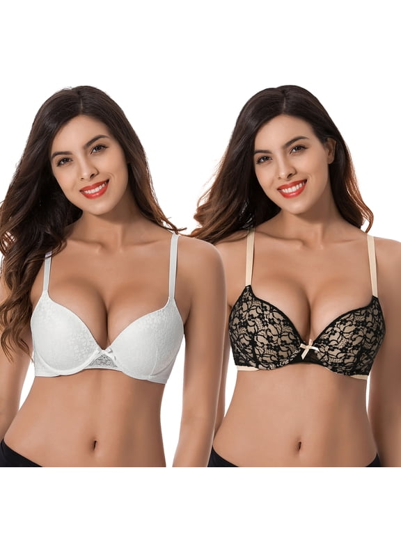 Women's Plus Size Perfect Shape Add 1 Cup Push Up Underwire Lace Bras-2Pk-Black,White-38D