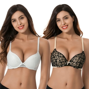 Curve Muse Women's Plus Size Perfect Shape Add 1 Cup Push Up Underwire Lace Bras-2Pk-Black,White-44DDD