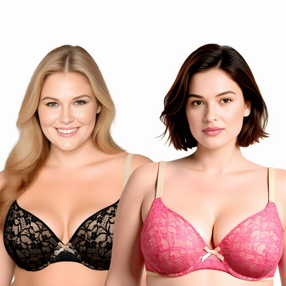 Curve Muse Women's Plus Size Perfect Shape Add 1 Cup Push Up Underwire Lace Bras-2Pk-Dk Pink,Black-32DD
