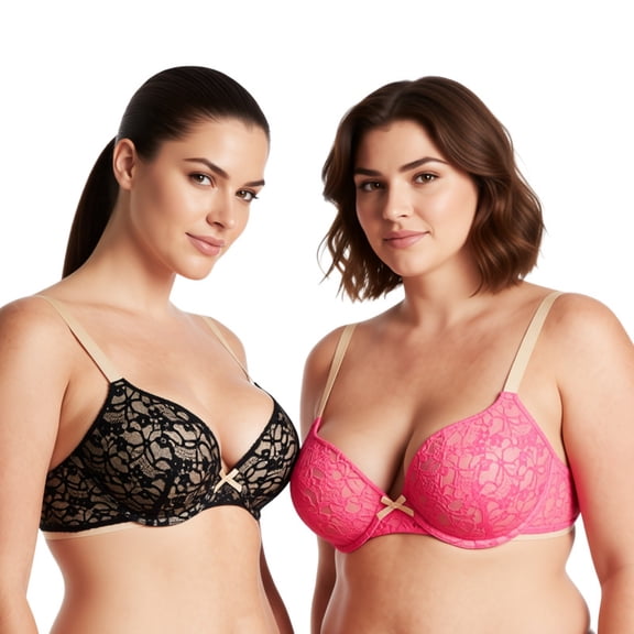 Curve Muse Women's Plus Size Perfect Shape Add 1 Cup Push Up Underwire Lace Bras-2Pk-Dk Pink,Black-38B
