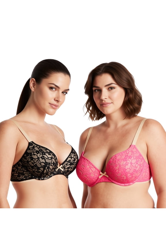 Women's Plus Size Perfect Shape Add 1 Cup Push Up Underwire Lace Bras-2Pk-Dk Pink,Black-44B