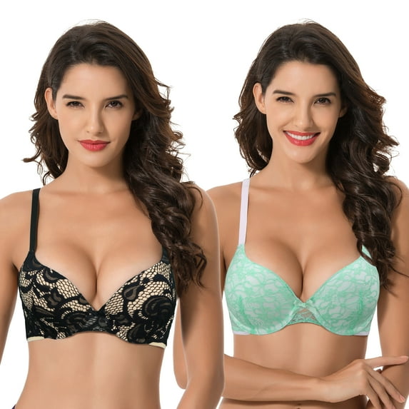 Curve Muse Women's Plus Size Perfect Shape Add 1 Cup Push Up Underwire Lace Bras-2Pk-Mint,Black-38C