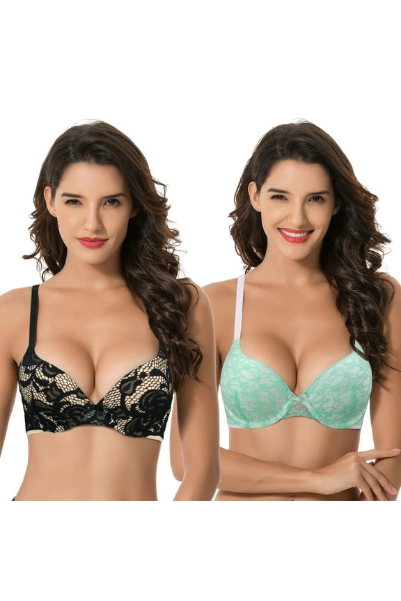 Women's Plus Size Perfect Shape Add 1 Cup Push Up Underwire Lace Bras-2Pk-Mint,Black-44C