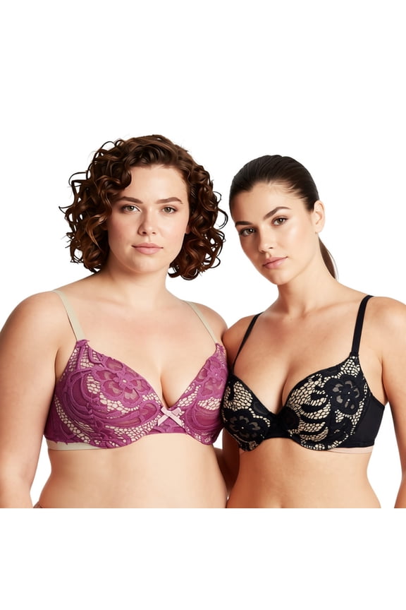 Women's Plus Size Perfect Shape Add 1 Cup Push Up Underwire Lace Bras-2Pk-Rose,Black-34C