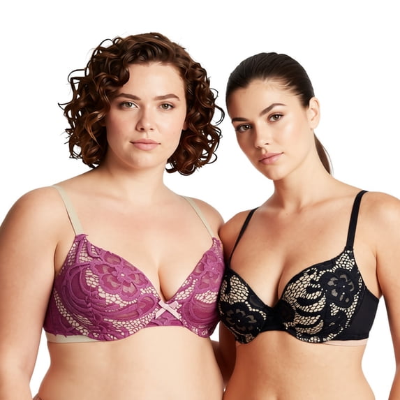 Curve Muse Women's Plus Size Perfect Shape Add 1 Cup Push Up Underwire Lace Bras-2Pk-Rose,Black-42B