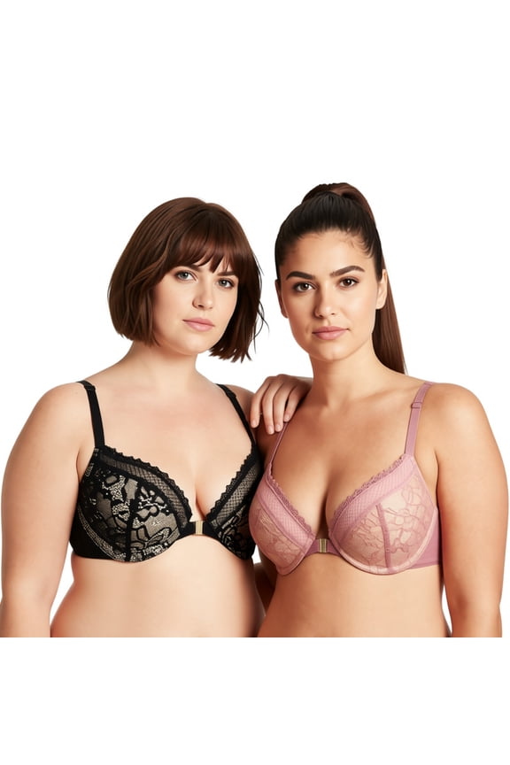 Women's Plus Size Push Up Add 1 Cup Underwire Halter Front Close Bras-2PK-Black,Red Cinnabar-46D