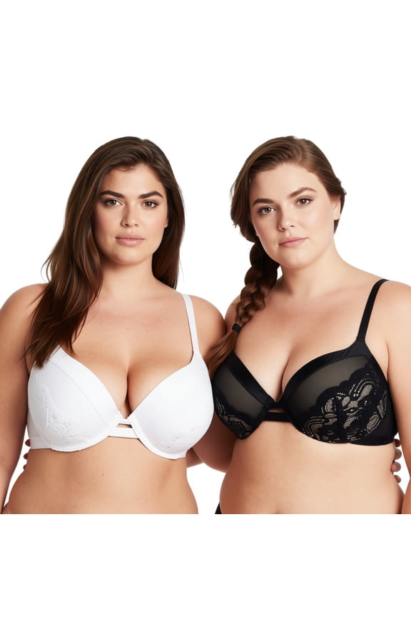 Women's Plus Size Push Up Add 1 Cup Underwire Perfect Shape Lace Bra-2PK-Black,Cream-40C