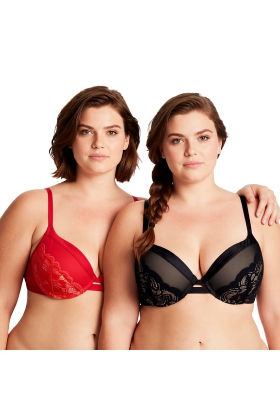 Women's Plus Size Push Up Add 1 Cup Underwire Perfect Shape Lace Bra-2PK-Black,Red-34DD