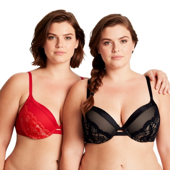 Curve Muse Women's Plus Size Push Up Add 1 Cup Underwire Perfect Shape Lace Bra-2PK-Black,Red-36B