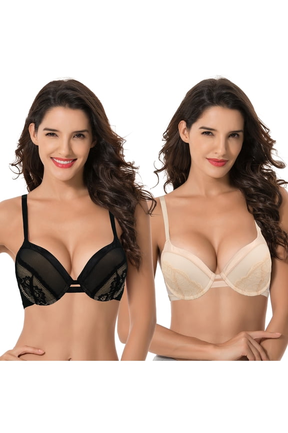 Women's Plus Size Push Up Add 1 Cup Underwire Perfect Shape Lace Bra-2PK-PEACH,BLACK-40C