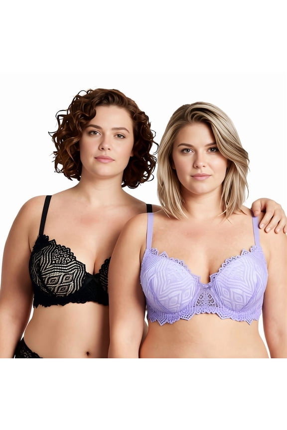 Women's Plus Size Push Up Add 1 Cup Underwire Perfect Shape Lace Bras-2PK-BLACK,LAVENDER-32D