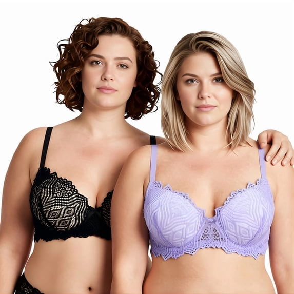 Curve Muse Women's Plus Size Push Up Add 1 Cup Underwire Perfect Shape Lace Bras-2PK-BLACK,LAVENDER-46DD