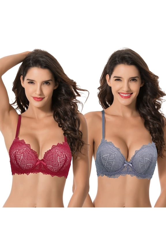 Women's Plus Size Push Up Add 1 Cup Underwire Perfect Shape Lace Bras-2PK-RED,DUSTY BLUE-48DD
