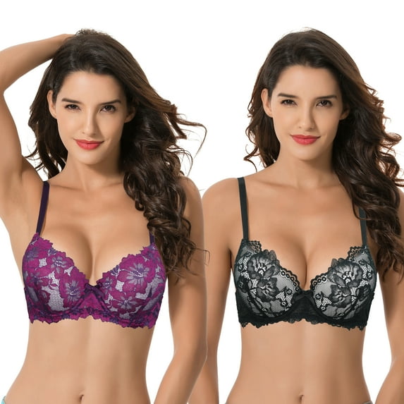 Curve Muse Women's Plus Size Push Up Add 1 Cup Underwire Perfect Shape Lace Bras-2Pk-Black,Fuchsia-42C