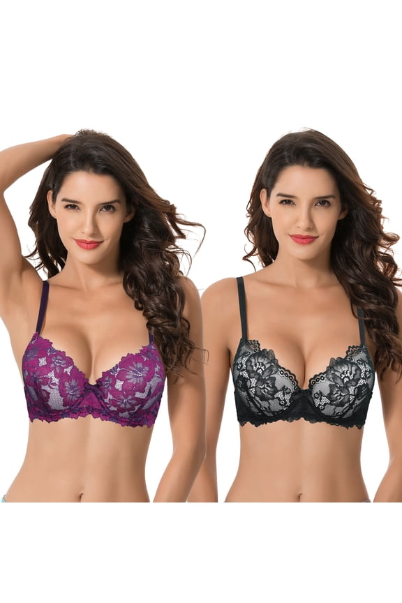 Women's Plus Size Push Up Add 1 Cup Underwire Perfect Shape Lace Bras-2Pk-Black,Fuchsia-44C