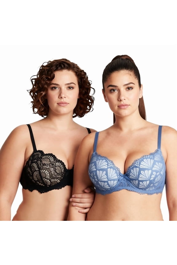 Women's Plus Size Push Up Add 1 Cup Underwire Perfect Shape Lace Bras-2Pk-Black,Light Blue-32B