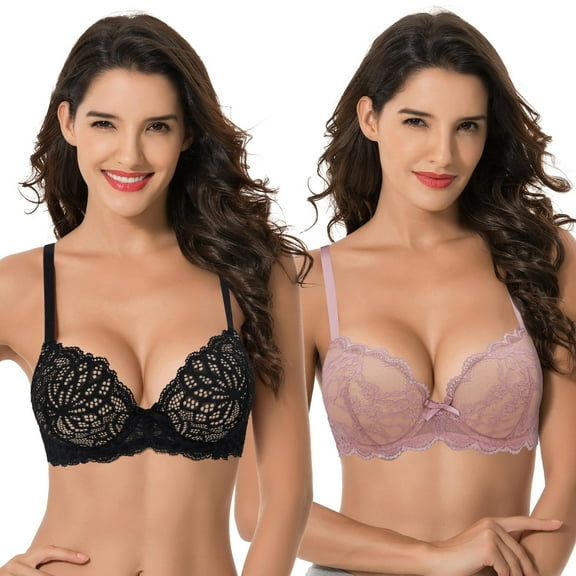 Curve Muse Women's Plus Size Push Up Add 1 Cup Underwire Perfect Shape Lace Bras-2Pk-Black,Mauve-34D